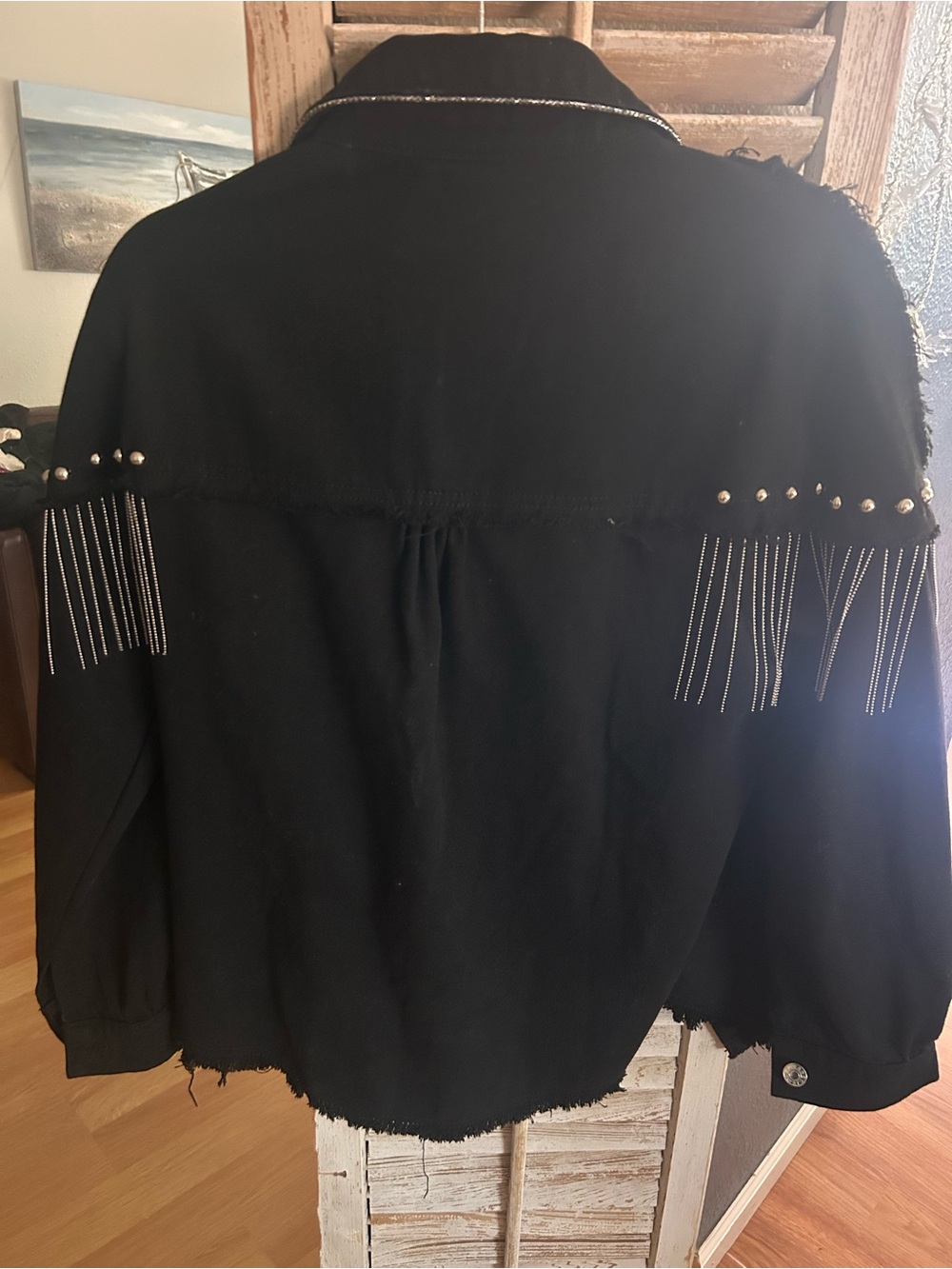 NWT Oversized Fringed Black Denim Jacket with Silver Tassels - Picture 5 of 6
